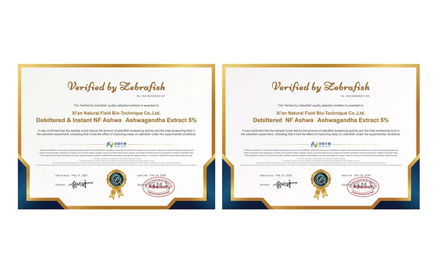 NF Ashwa Ashwagandha 추출물은 수면 개선 및 불안 완화 인증을 받았습니다.